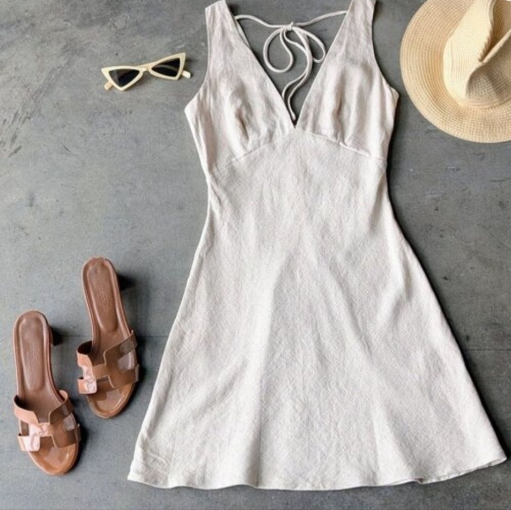 Princess Polly Portillo Linen Blend Mini Dress in Beige Size US 2 NWT